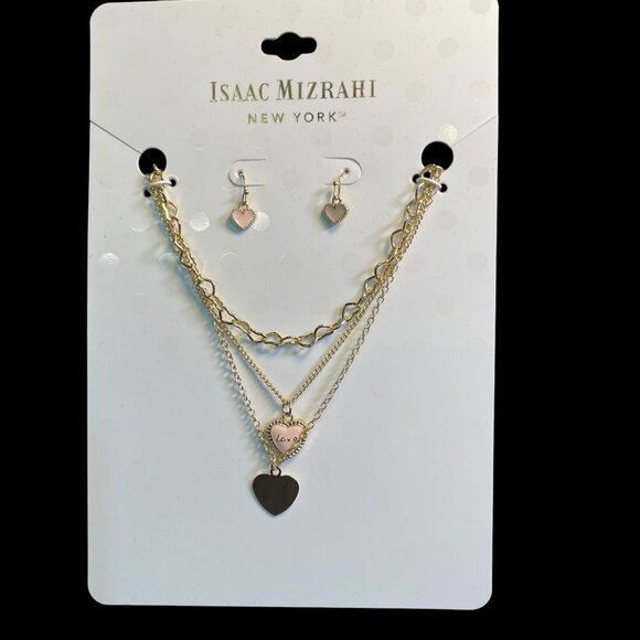 Isaac Mizrahi Gold Layered Heart Pendant Necklace/Earring Set Love Charm Dainty - Picture 2 of 10